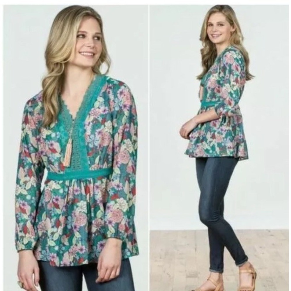 Matilda Jane Womens Size Large Kookaburra Top Teal green Floral spring New